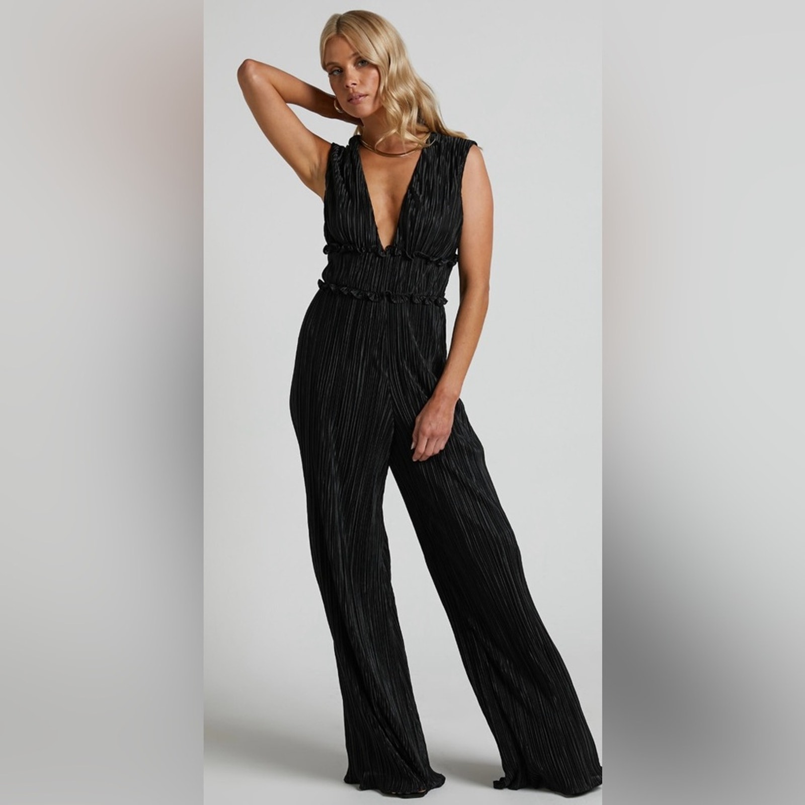 Showpo. | New Armida Plunge Neck Wide Leg Plisse Jumpsuit In Black 16